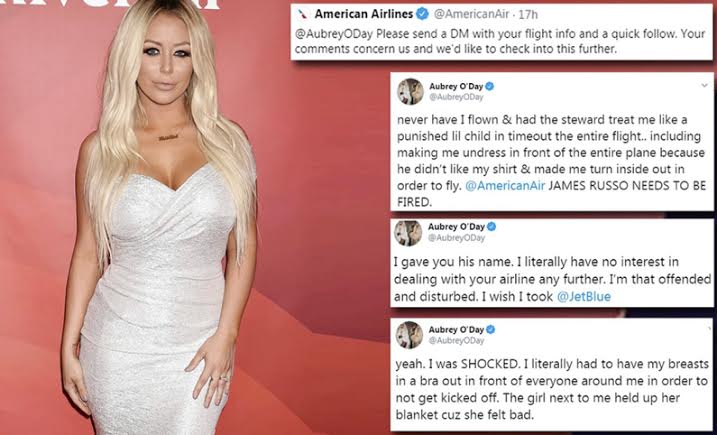 aubrey oday tweets accusing american airlines attendant of forcing her to take shirt off remove top
