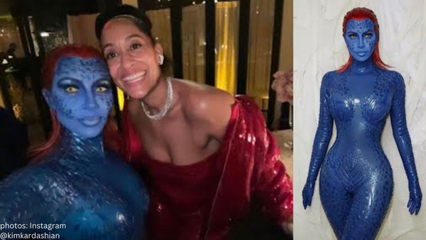 Kim Kardashian showed up to Tracee Ellis Ross’ pre-Halloween birthday dinner dressed as “X-Men” character Mystique — only to find out no one else was in costume. “That time I showed up to a birthday dinner in full costume when it wasn’t a costume party!” the “Kardashians” star captioned a selfie with the “Black-ish” alum on her Instagram Story on Sunday. The photo showed Kardashian wearing a red wig, creepy colored contact lenses and a skintight blue latex bodysuit. While the Skims founder looked unrecognizable, apart from her famous curves being on display, Ross was unmistakably herself, wearing a red sequined jumpsuit with a matching jacket.