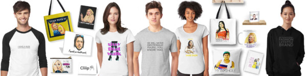 a collage of tote bags, cups and models wearing t-shirts with popular reality tv sayings