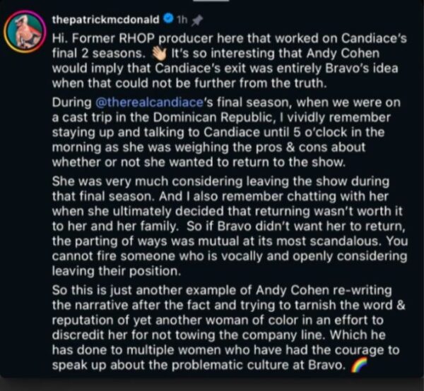 Patrick McDonald VS Andy Cohen re: Candiace